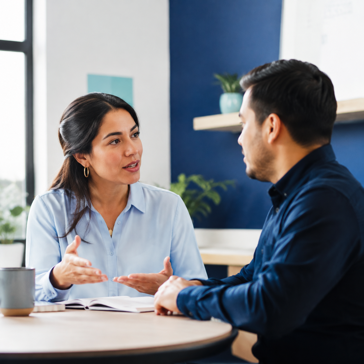 Dos profesionales conversan con claridad en un espacio de trabajo