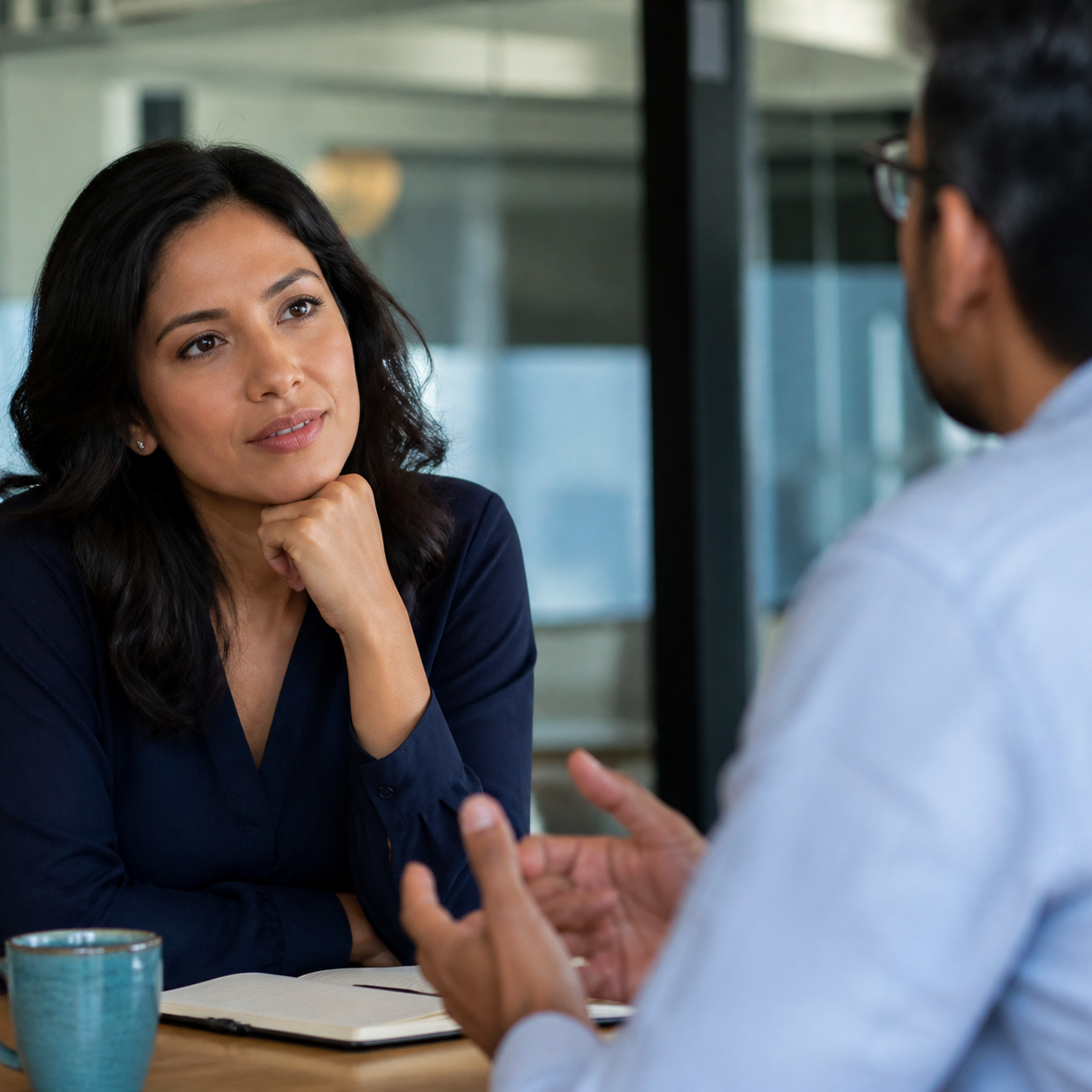 Una profesional escucha atentamente durante una conversación de trabajo