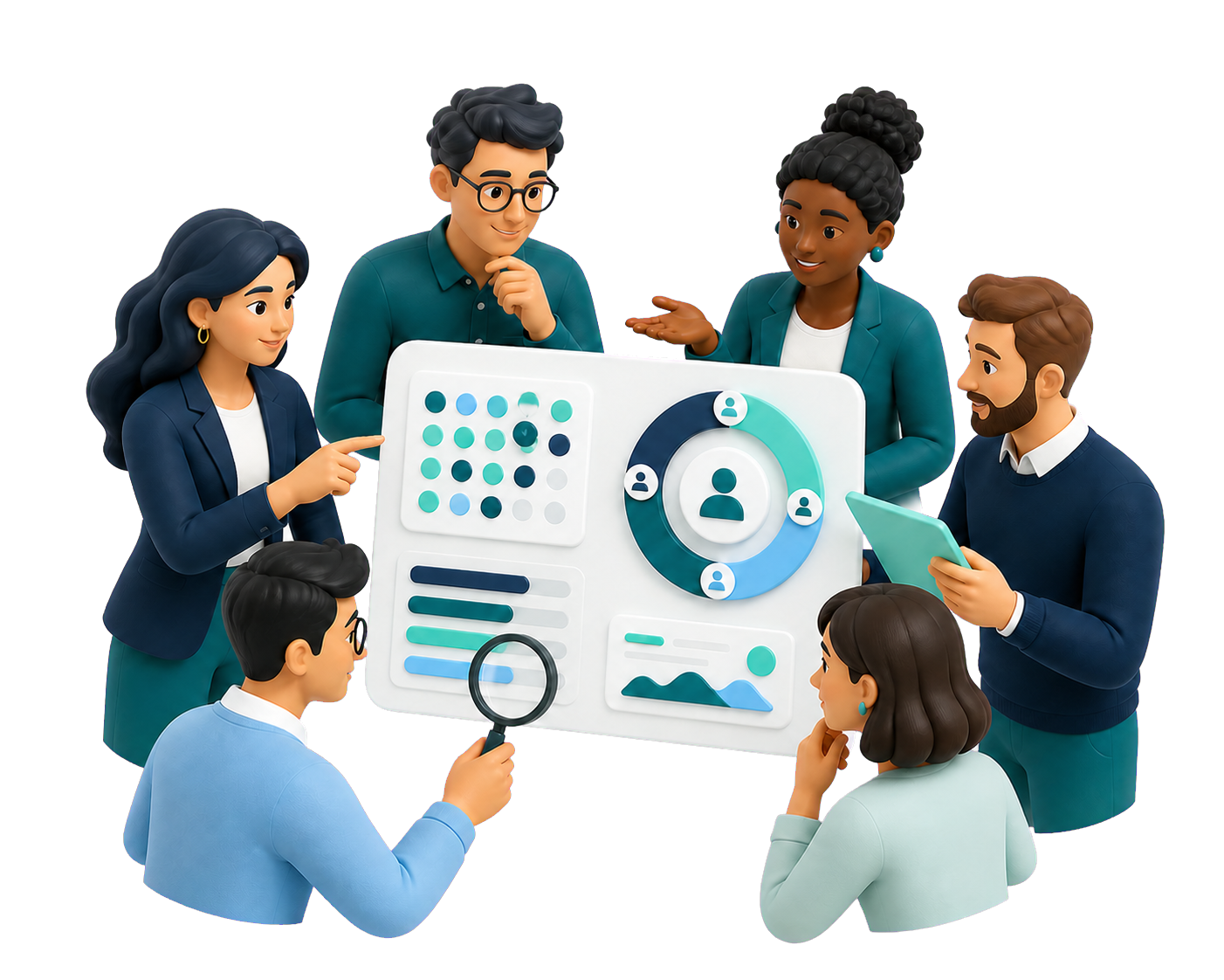 Ilustración de un equipo analizando talento con un panel de evaluación