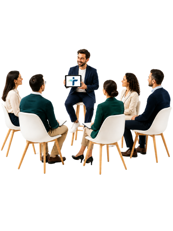 Sesión de formación con un coach y un equipo, mostrando el símbolo de Inspiring Talent en una tablet
