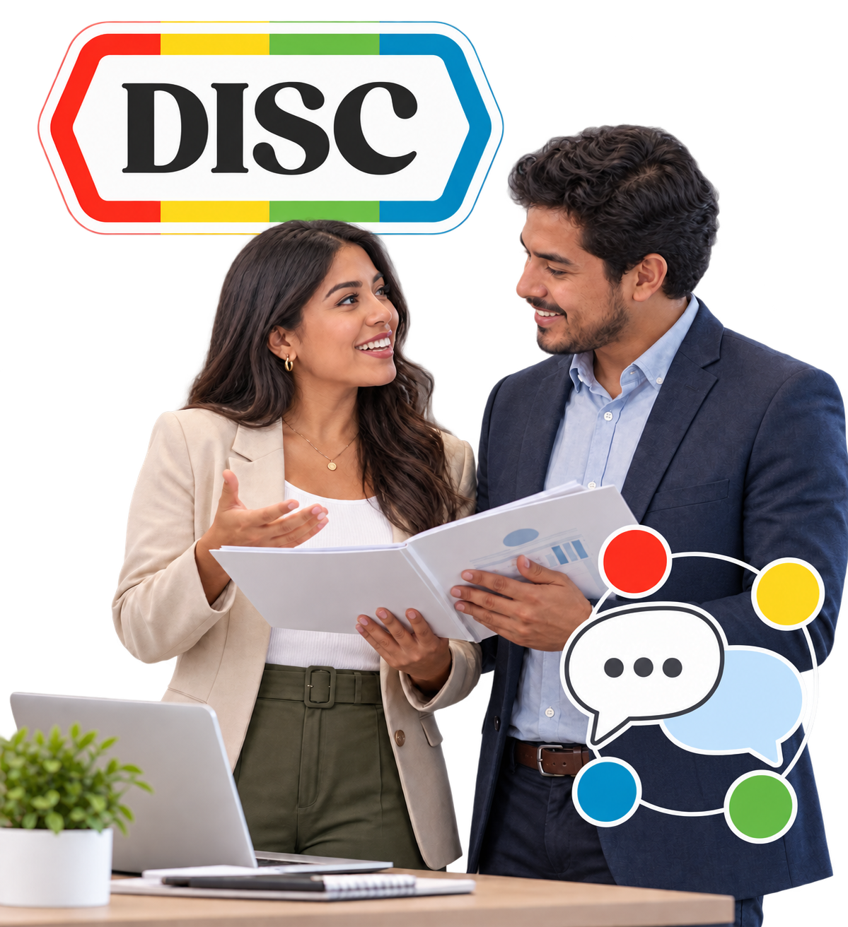 Logotipo DISC y dos profesionales revisando información juntos