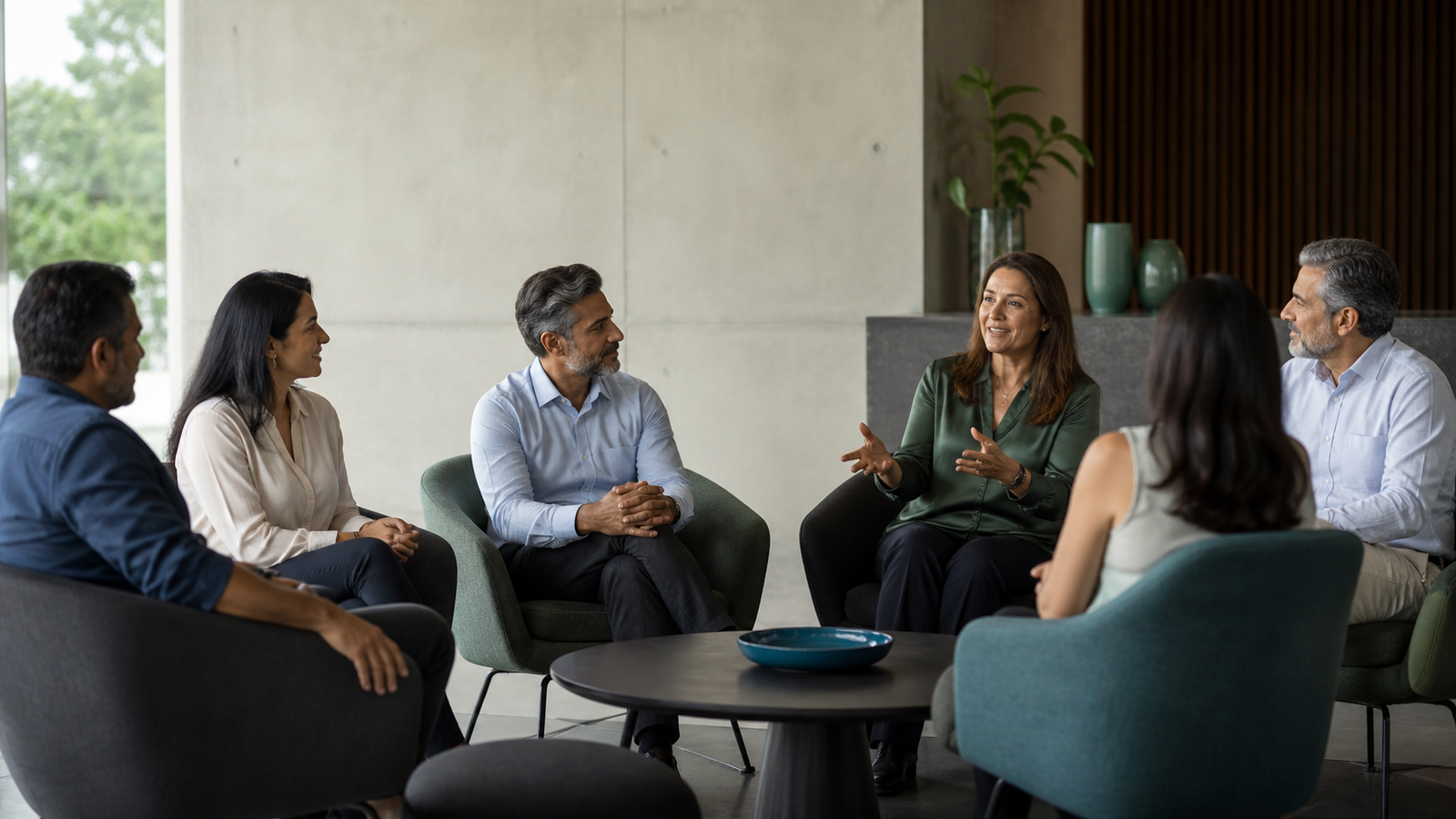 Un equipo de liderazgo escucha y comparte perspectivas.