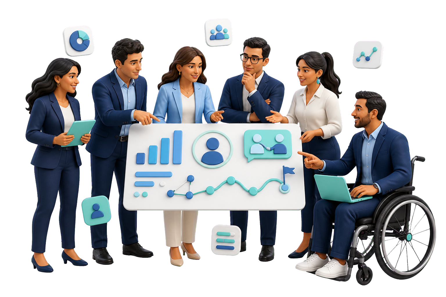 Equipo de profesionales colaborando alrededor de un tablero de desarrollo de talento